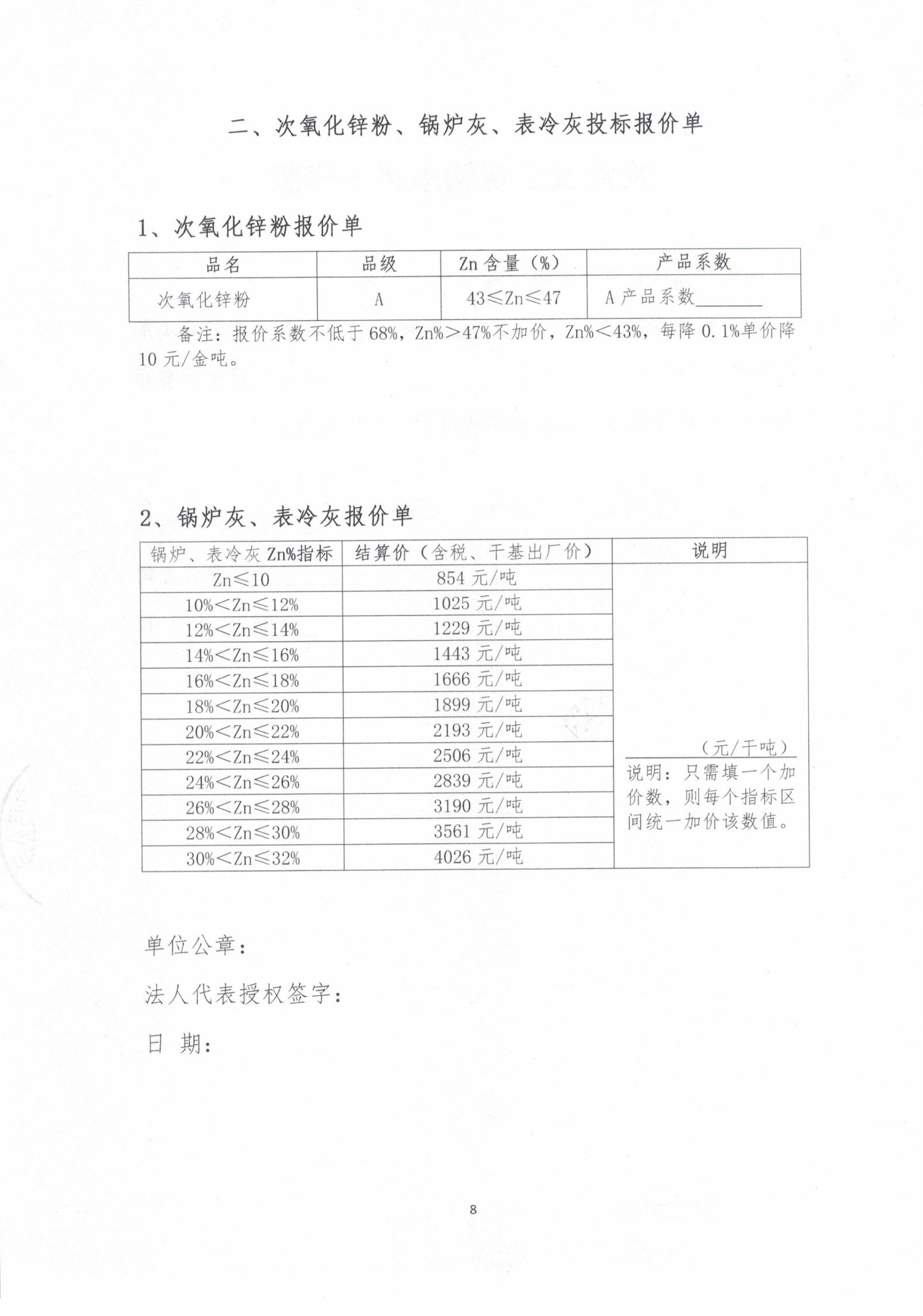 2026年次氧化鋅粉、鍋爐灰、表冷灰招標(biāo)函告08